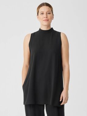 EILEEN FISHER Silk Georgette
Crepe Mock Neck Long Top